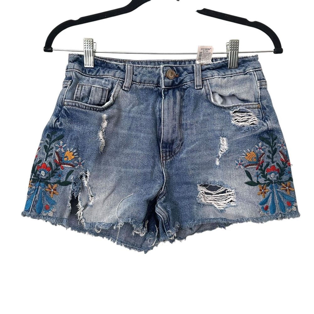 ZARA Embroidered Distressed Cut Off Denim Shorts Sz 2‎